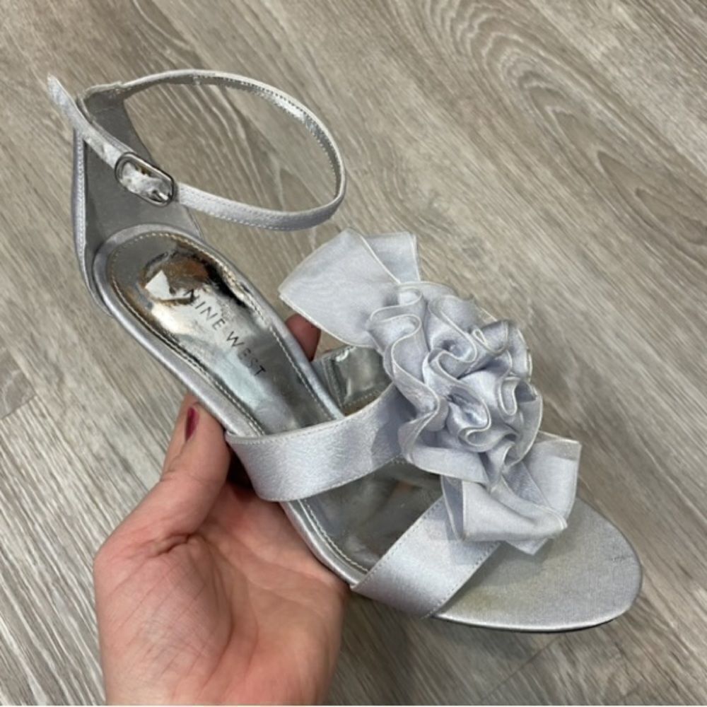 Nine West Silver Satin Ruffle Top Sandals